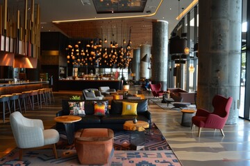 A cosmopolitan empty hotel lobby with a bustling bar and lively social areas, catering to the diverse tastes and preferences of modern, Generative AI