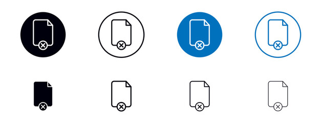 Delete document vector icon set. cancel or remove file vector icon. decline contract paper icon. denied wrong document icon in black and blue color.