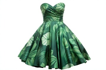 Women's summer green dress with tropical print, leaves, wide skirt on an invisible mannequin, created by AI