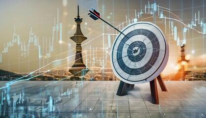 An innovative low poly wireframe presents a digital archery target and arrow in the bullseye, merged with a Japanese candlestick, embodying stock market accuracy and foresight