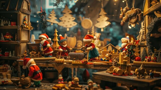 Santa Claus's elves busy making toys in his workshop, with a festive atmosphere in the air.  