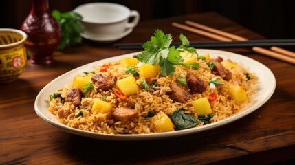 Khao Pad Sapparot, featuring stir-fried pineapple rice studded with juicy pork chunks, Thai food