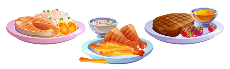 Meat and fish dishes set isolated on white background. Vector cartoon illustration of plates with beefsteak and tomatoes, chicken leg with french fries, salmon with rice, spicy sauces, bbq meal