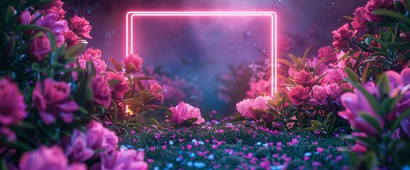 Illuminate Your World With The Glowing Neon Frame Set Against A Backdrop Of Spring Flowers, Background HD For Designer 