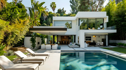 A contemporary house with white walls, adorned by lush greenery and a swimming pool, featuring an...