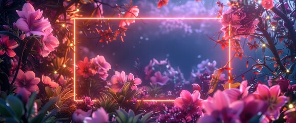 Illuminate Your World With The Glowing Neon Frame Set Against A Backdrop Of Spring Flowers, Background HD For Designer 