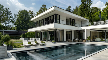 A large, white and black modern house with an outdoor terrace on the first floor overlooking green...