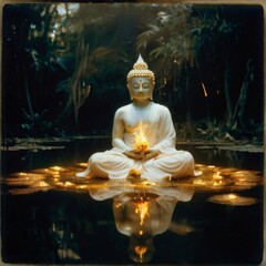Fototapeta premium a buddha sits in a temple with a gold candle on top
