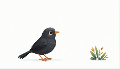 cute black bird on plain white background from Generative AI