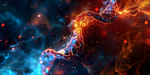 Illuminated double helix DNA strand with shimmering particles representing genetics and life. Concept Genetics, DNA Strand, Illuminated, Shimmering Particles, Life