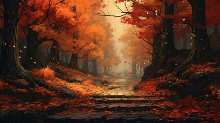 Fototapeta premium Beautiful atmospheric paved path among big trees in old park in golden autumn.