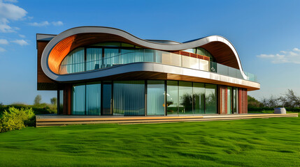 A modern house with an organic shape, featuring large windows and curved walls made of wood or metal, located on the grassy green lawn against blue sky background