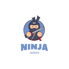 cute mascot logo ninja with and sword icon illustration. kingdom concept illustration premium cartoon,flat style cartoon