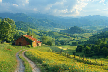 A panoramic view of a rustic countryside with scattered farmhouses among rolling agricultural hills. AI generated.