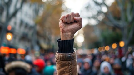  A raised fist of a protestor at a violent political demonstration (