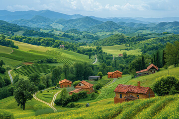 A panoramic view of a rustic countryside with scattered farmhouses among rolling agricultural hills. AI generated.