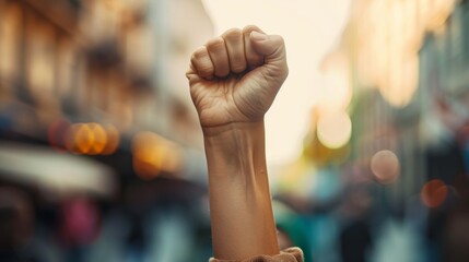  A raised fist of a protestor at a violent political demonstration (