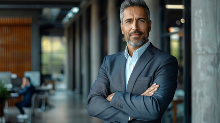 Fototapeta premium Portrait of successful male in business suit, arms crossed, confident expression. Modern office building in background. Room for copy space. 