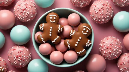 a bowl of cookies and pink balls - Powered by Adobe