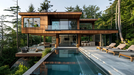 A modern house with wood cladding and glass windows, set in the forest on top of a hill overlooking a pool and terrace