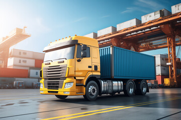 a yellow truck with a blue container