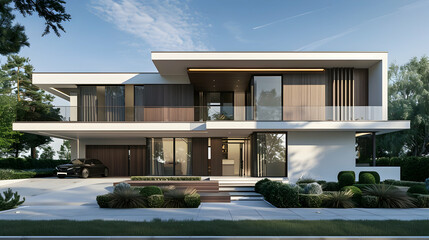 a modern minimalist two-story house with a double car entrance gate, front view, square shapes and...