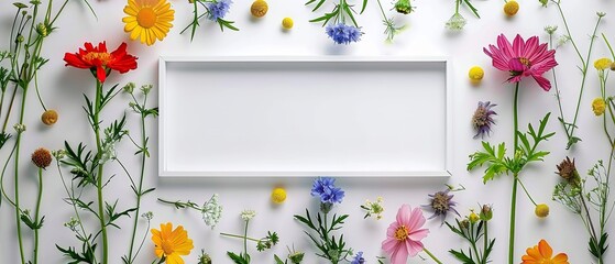 A notion of a fragrant flowers frame with a white setting and various types of vivid summer blooms encompassing it and space, Generative AI.