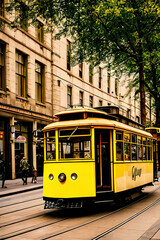 yellow vintage tram on the streets of a modern city, Ai generated