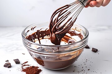 A confectioner deploys aged wire whisk to hand whisk molten chocolate in a glass mixing bowl as chocolate bars are strewn over a white setting and space, Generative AI.