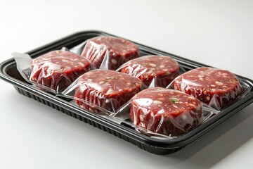 A close shot of meat patties wrapped in plastics on a tray with a big space for text or product advertisement background, Generative AI.