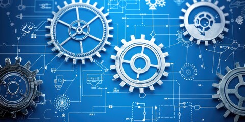 Three Interlocking Gears on a Blueprint Background