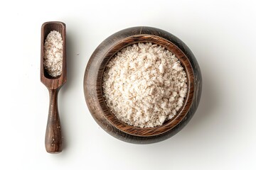 A top view of a wooden bowl of Psyllium husk powder with spoon with a big space for text or product advertisement background, Generative AI.