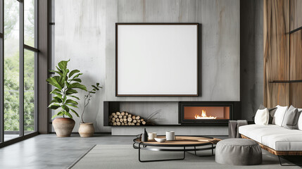 stockphoto, Rustic coffee table and near fireplace. Loft, minimalist home interior design of modern living room, black frame mockup. Beautiful design of a modern living room. Living space mockup.