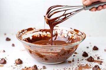A confectioner deploys aged wire whisk to hand whisk molten chocolate in a glass mixing bowl as chocolate bars are strewn over a white setting and space, Generative AI.