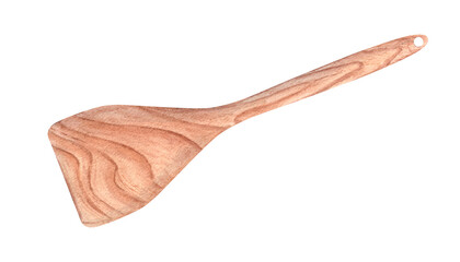 Wooden kitchen spatula. Utensils for cooking, stirring food. Kitchenware with wood texture. Top view. Watercolor illustration of culinary tool. Template for food menu, cookbook or recipe design