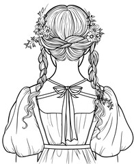 Hairstyle of the hair is decorated with flowers and a ribbon illustration clip art coloring book black and white for kids and adults isolated line art on white background.
