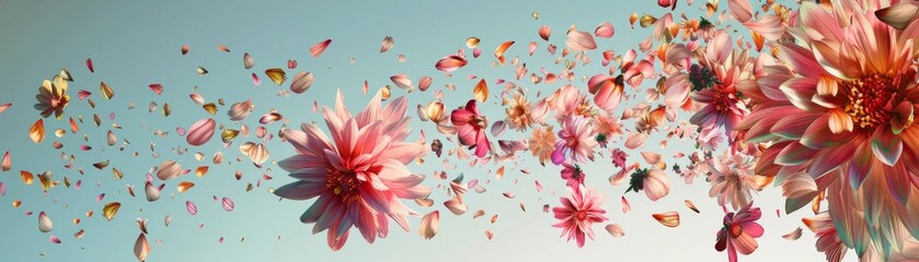 Surreal poster of annual flowers exploding into individual petals, each fragment suspended in an empty void to evoke feelings of vibrancy and transience
