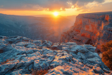 Warm-toned rock formations in a canyon with a blurred background, capturing a golden hour glow. AI generated.