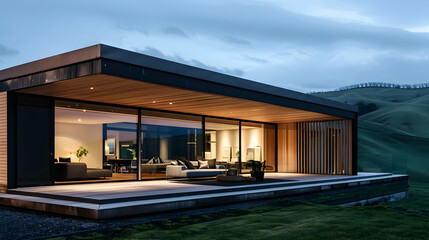 A sleek, modern house with wooden slats and large glass windows stands against the backdrop of rolling green hills under a dark sky at night