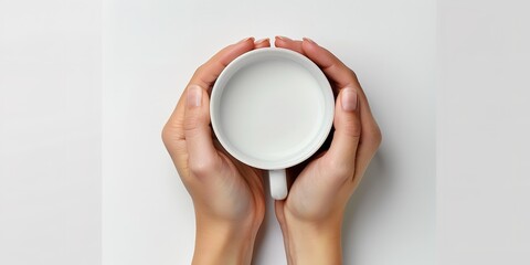 A top view of female hand holding empty cup over plain white backdrop for a mockup or product advertisement backdrop with a big space, Generative AI.