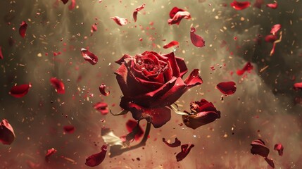 Surreal poster of a rose exploding into petals, each fragment suspended in an empty void to captivate and engage the viewer