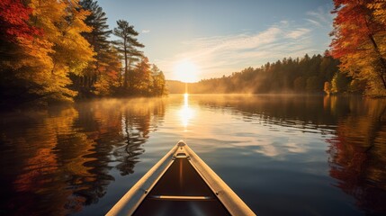 a calm lake, viewed from a canoe paddling through the still water during an autumn morning.  - Powered by Adobe