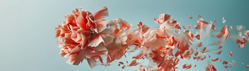 Surreal poster of a carnation exploding into petals, each fragment suspended in an empty void to captivate and engage the viewer with its beauty