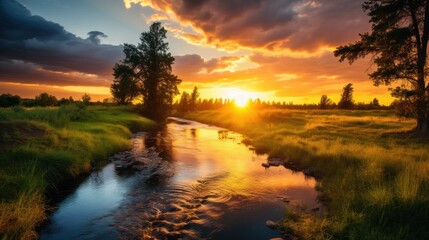 sunset over a winding river, with the trees lining