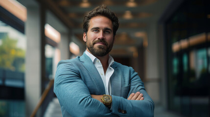 Naklejka premium Portrait of successful male in business suit, arms crossed, confident expression. Modern office building in background. Room for copy space. 