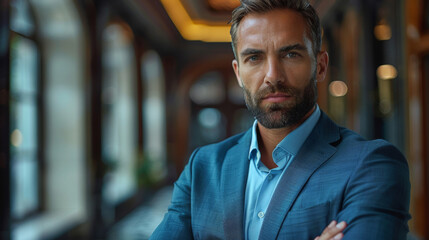 Obraz premium Portrait of successful male in business suit, arms crossed, confident expression. Modern office building in background. Room for copy space. 