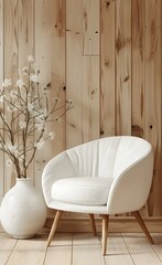 White chair against wooden wall in interior with vase of dry branches, minimalistic home design concept