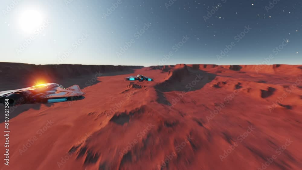 Poster spaceships flying on a desert planet in deep space