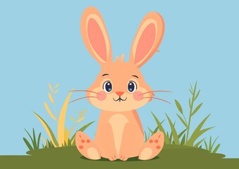 Fototapeta premium Cute Cartoon Bunny Sitting in Green Grass Against Blue Sky Background
