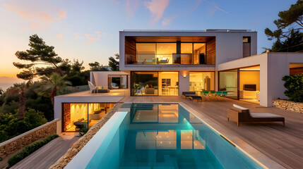 An exterior view of a modern home with a swimming pool at sunset